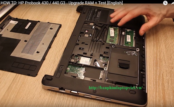 Thể hiện 2 khe cắm của Ram laptop HP probook 440 G2, 440 G3